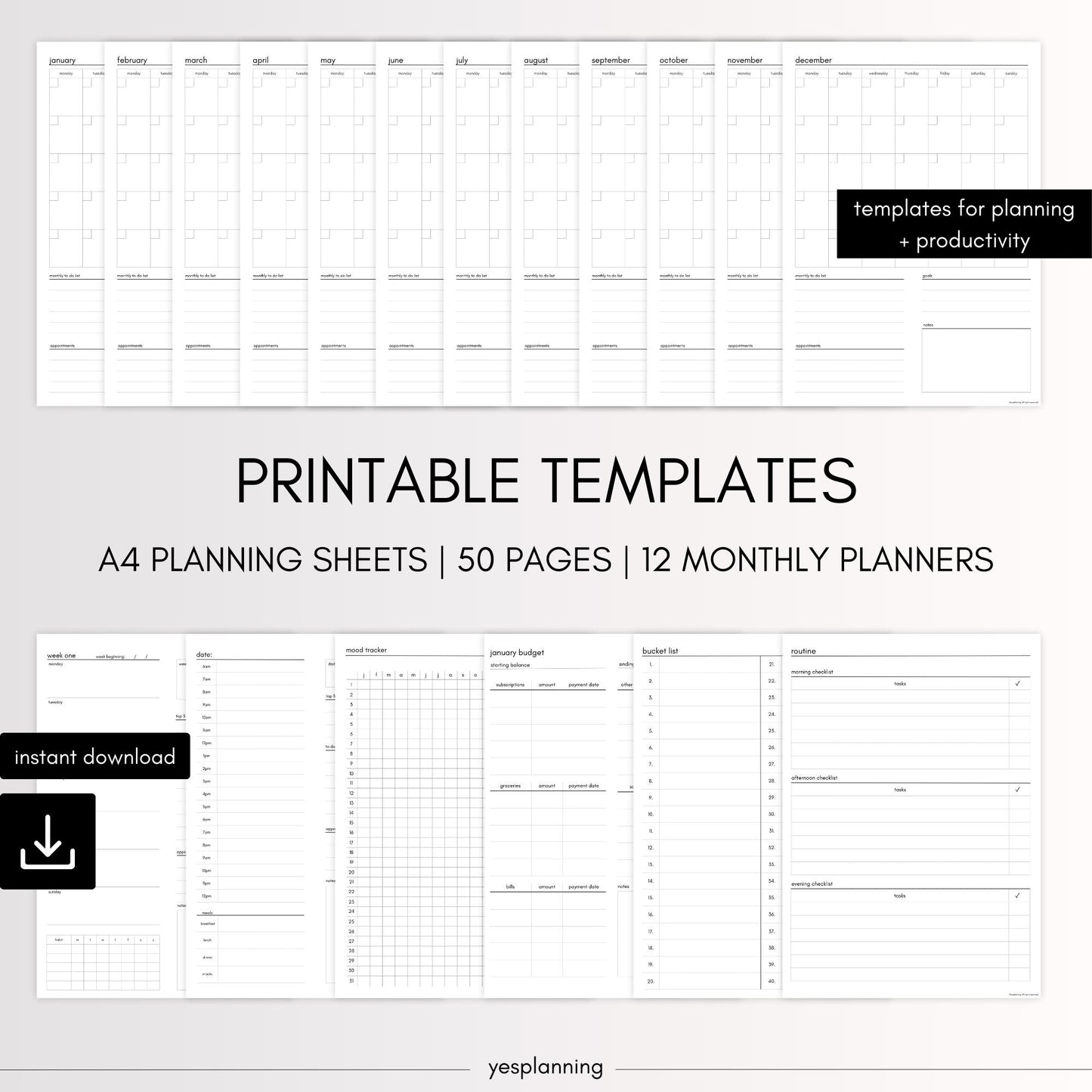 Printable All-in-One Planner Templates: Daily, Monthly, Habit Tracker (PDF)
