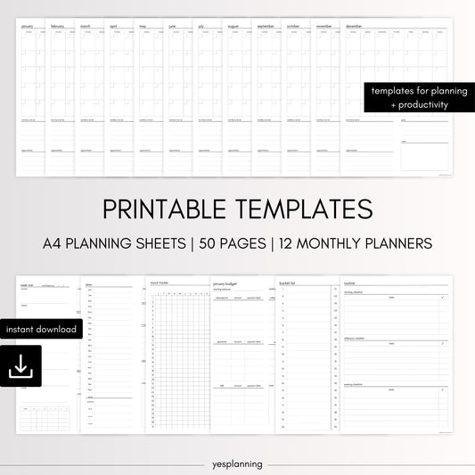 Printable All-in-One Planner Templates: Daily, Monthly, Habit Tracker (PDF)