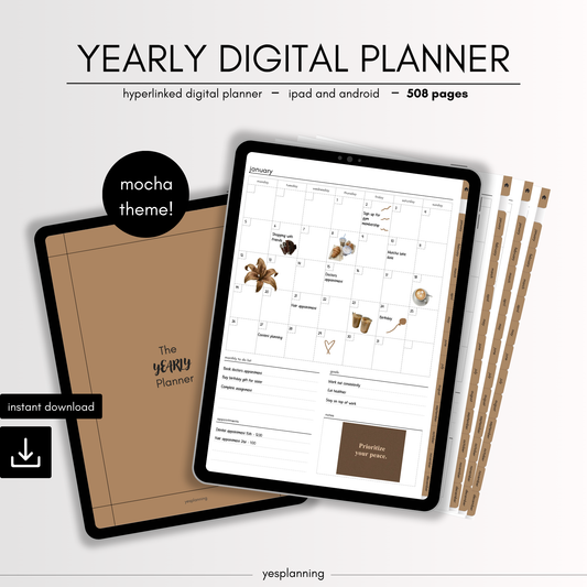 All-in-One Mocha Digital Planner for GoodNotes: Hyperlinked iPad Organizer (PDF Download