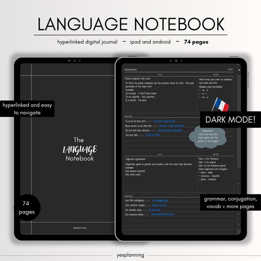 The Digital Language Notebook: GoodNotes compatible (PDF Downloadable Planner) DARK MODE