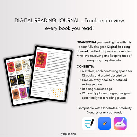 Digital Reading Journal, All-in-One Digital Reading Journal, iPad Planner, Monthly Planner, GoodNotes Planner, GoodNotes Journal, Reading