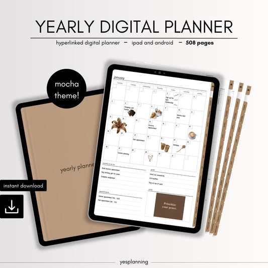 Mocha Digital Planner for GoodNotes: Hyperlinked iPad Organizer (PDF Download